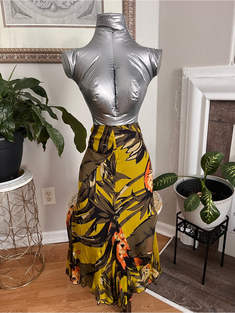 Olive Green Floral Maxi Skirt with Ruffle Hem
